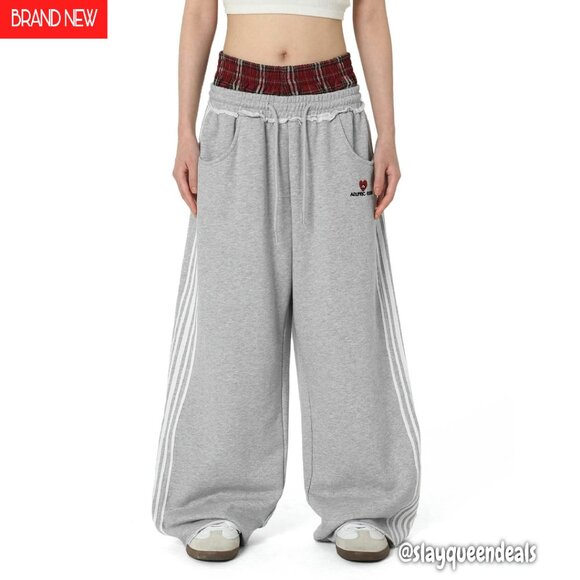 Baggy Wide Leg Sweatpants Plaid Patchwork Double Waistband Pockets